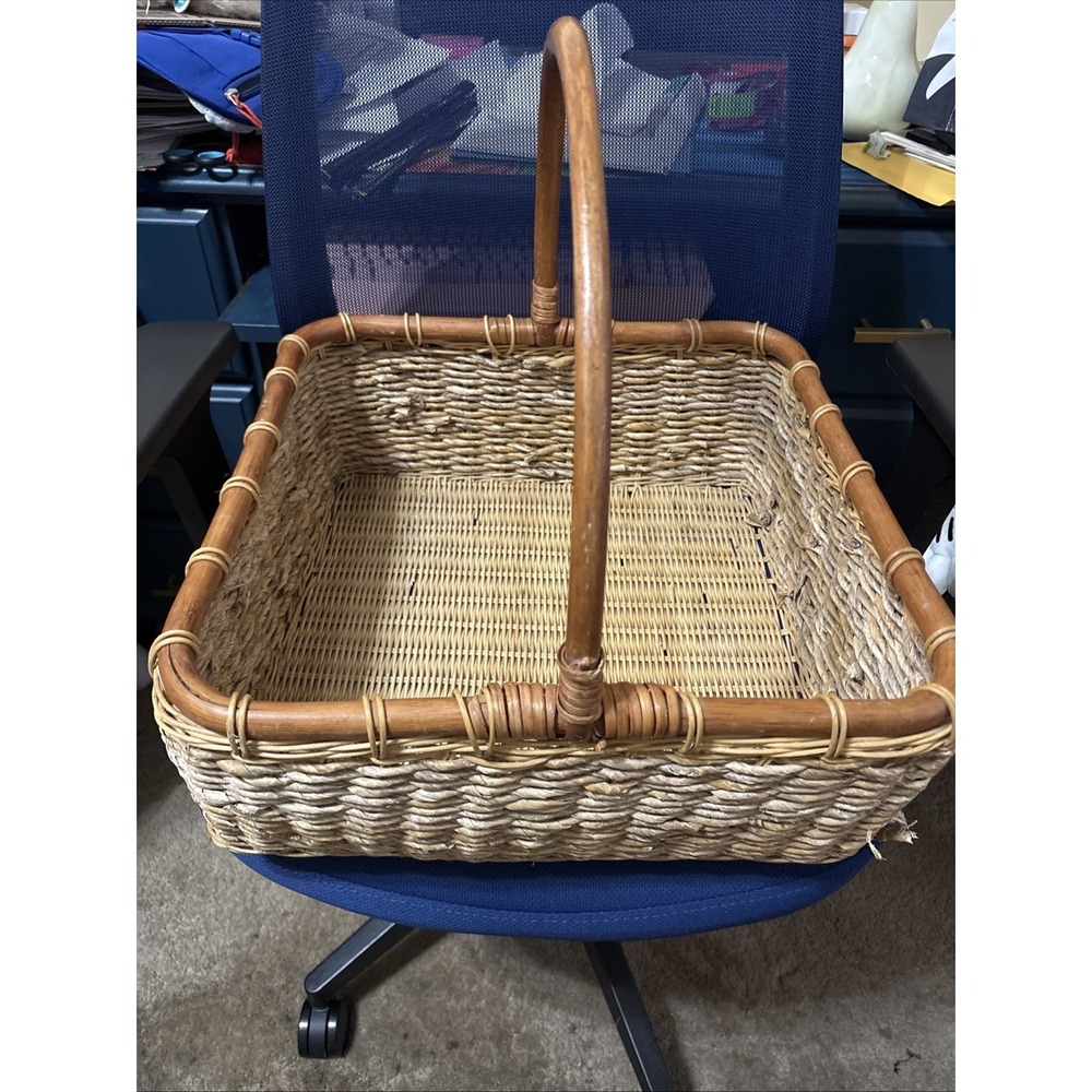 Large Wicker Rattan Basket. 16.5 X 17 X 7" Throw/yarn Holder Etc